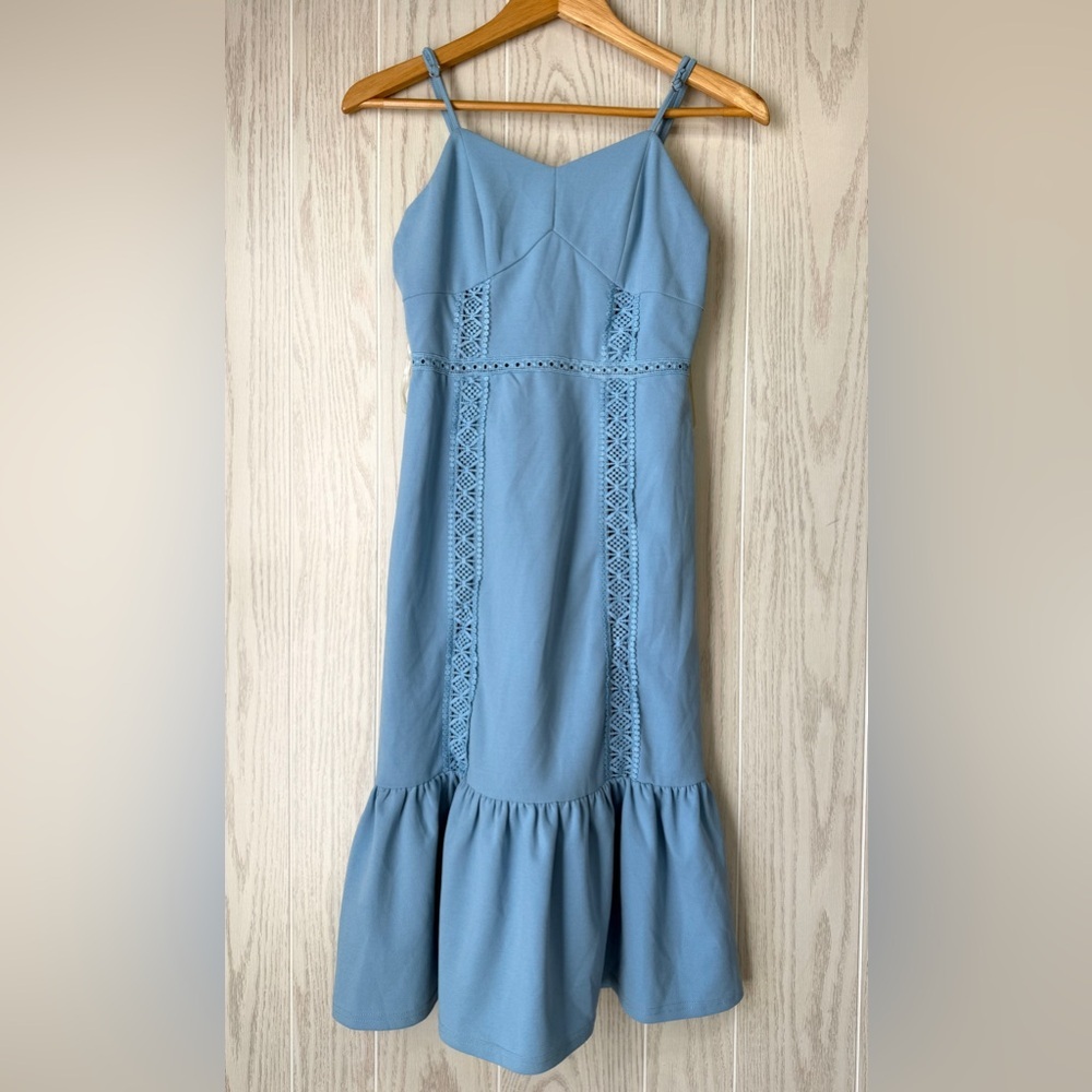 Miami Baby Blue Crochet Trim Ruffle Hem Midi Dress – NWT Size XS